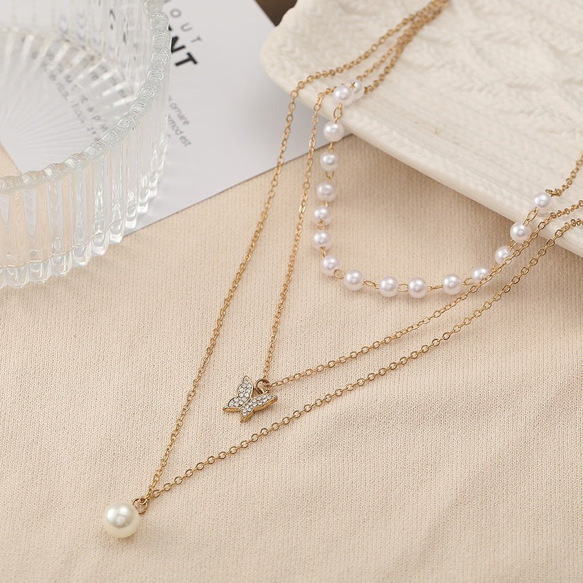 Shein Pearl Diamond Butterfly Pendant Three Layer Necklace