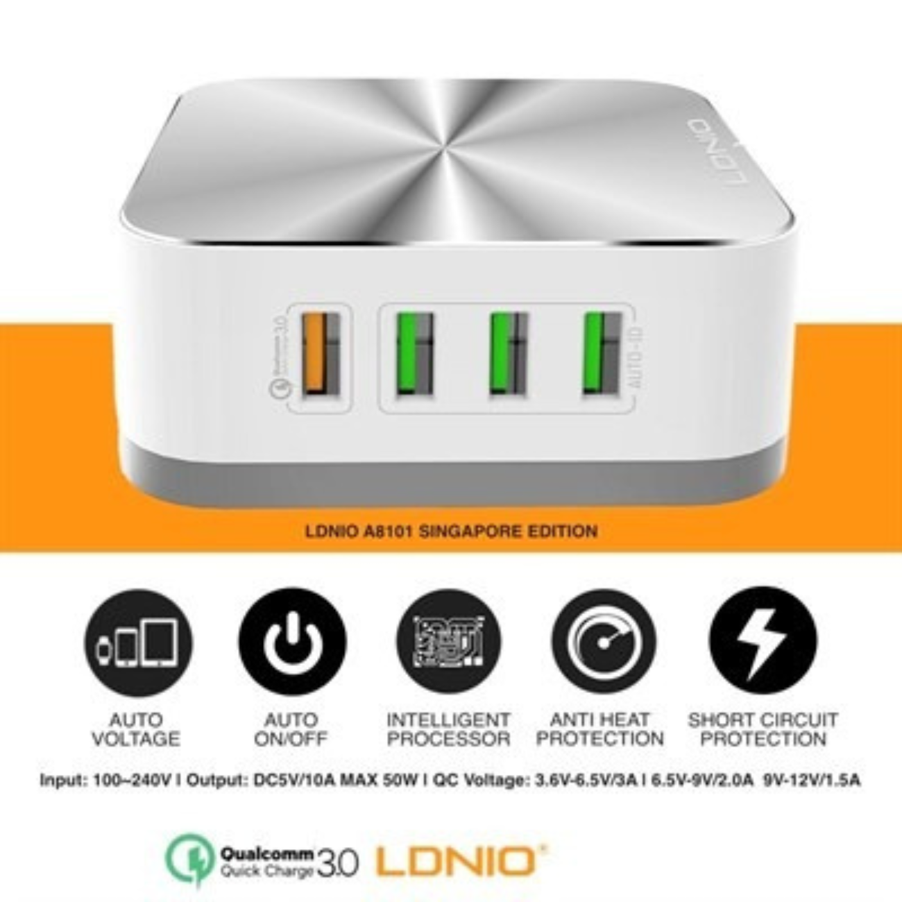 LDNIO 6 USB Ports With Auto ID and Qualcomm 3.0 Quick Charge Technology